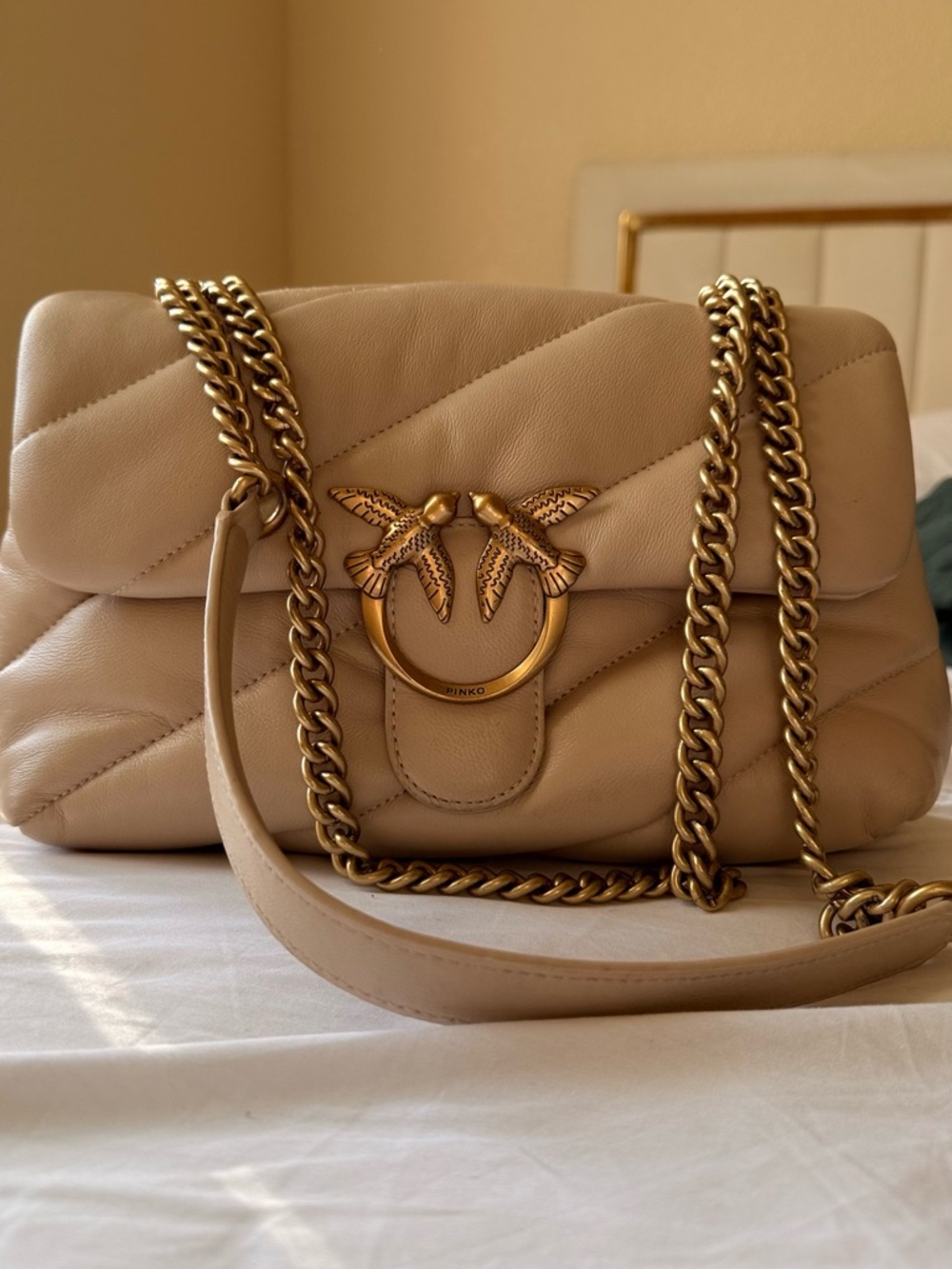 Pinko Beige Padded Chain-Handle Shoulder Bag